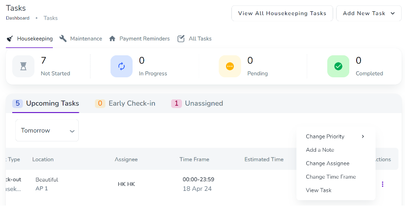 housekeeping tasks dashboard