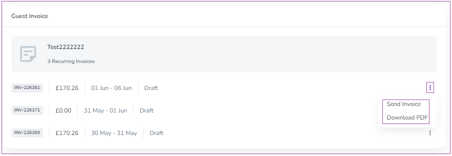 If there are Recurring Invoices, you can click on the three dots in front of the desired invoice. Then, you can tap on Send Invoice.