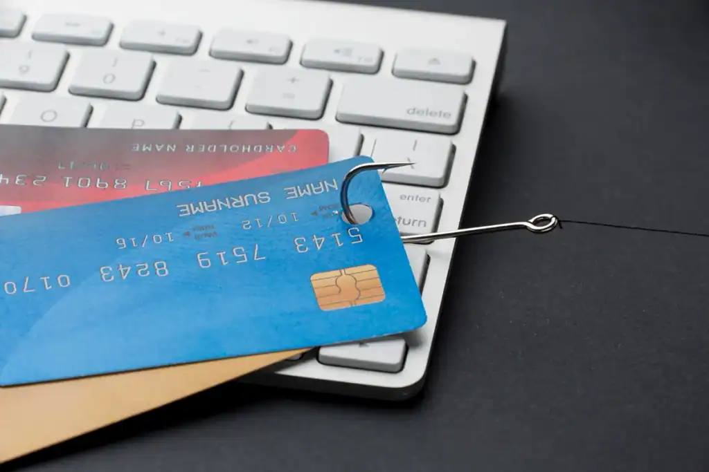 A fishing hook caught on a bank card resting on a keyboard, symbolising phishing-driven payment fraud - Zeevou
