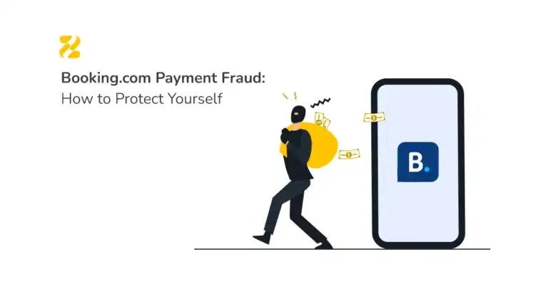 Illustration of a hacker stealing personal and payment data, representing Booking.com extranet payout fraud - Zeevou